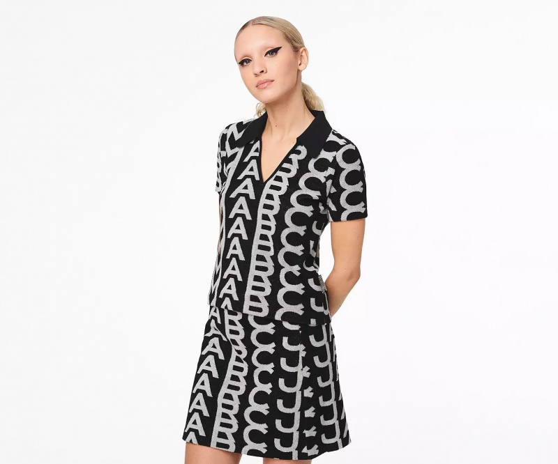 Black / White Marc Jacobs Monogram Terry Polo Women's Shirts | YNUE-14259