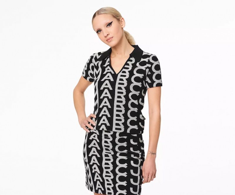 Black / White Marc Jacobs Monogram Terry Polo Women's Shirts | YNUE-14259