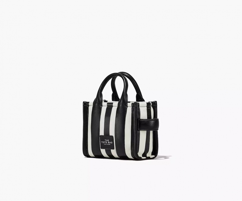 Black / White Marc Jacobs The Striped Mini Women's Tote Bags | XRPF-17965